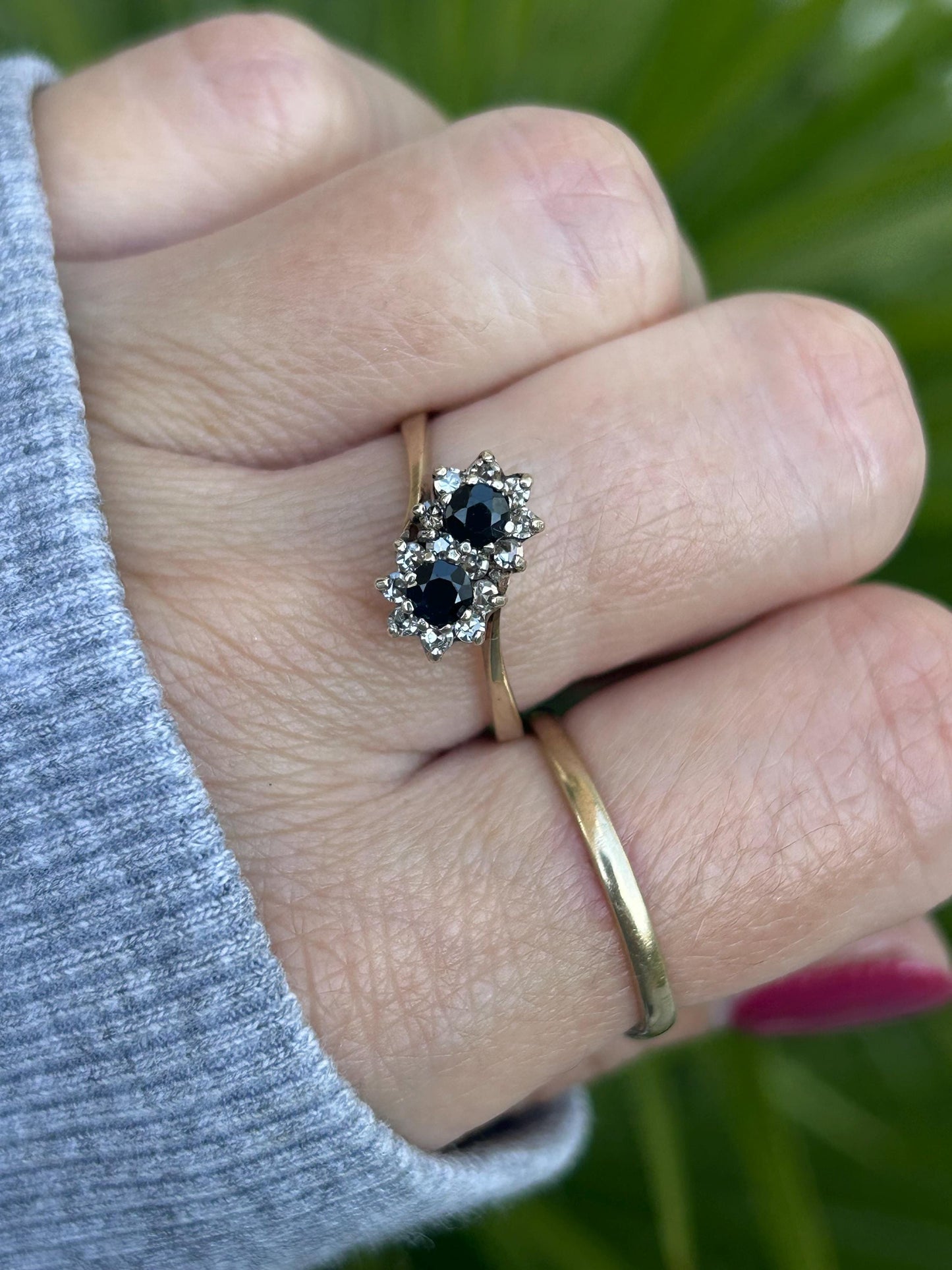 Vintage Sapphire and Diamond Double Daisy Ring 9 Carat Yellow Gold 1992