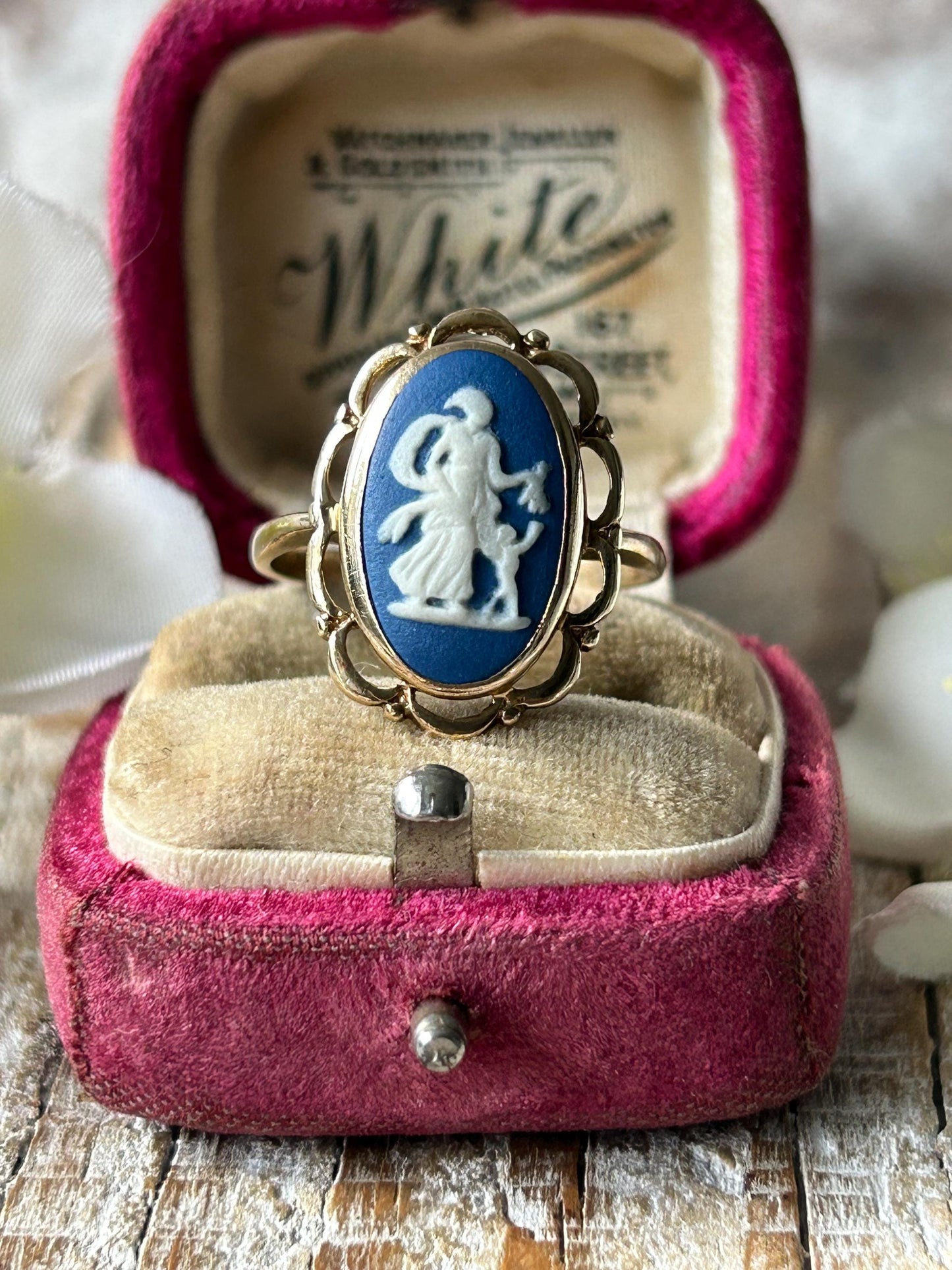 Vintage Blue Wedgwood Cameo Statement Ring 9 Carat Yellow Gold