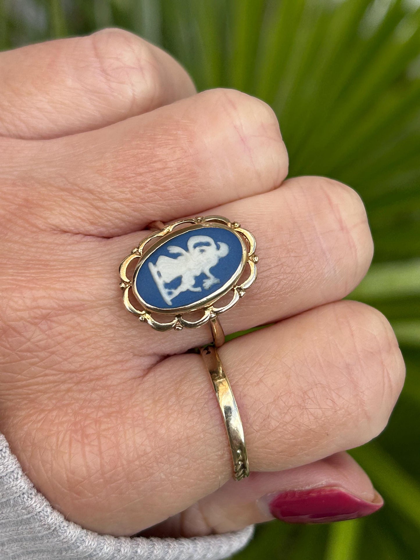 Vintage Blue Wedgwood Cameo Statement Ring 9 Carat Yellow Gold