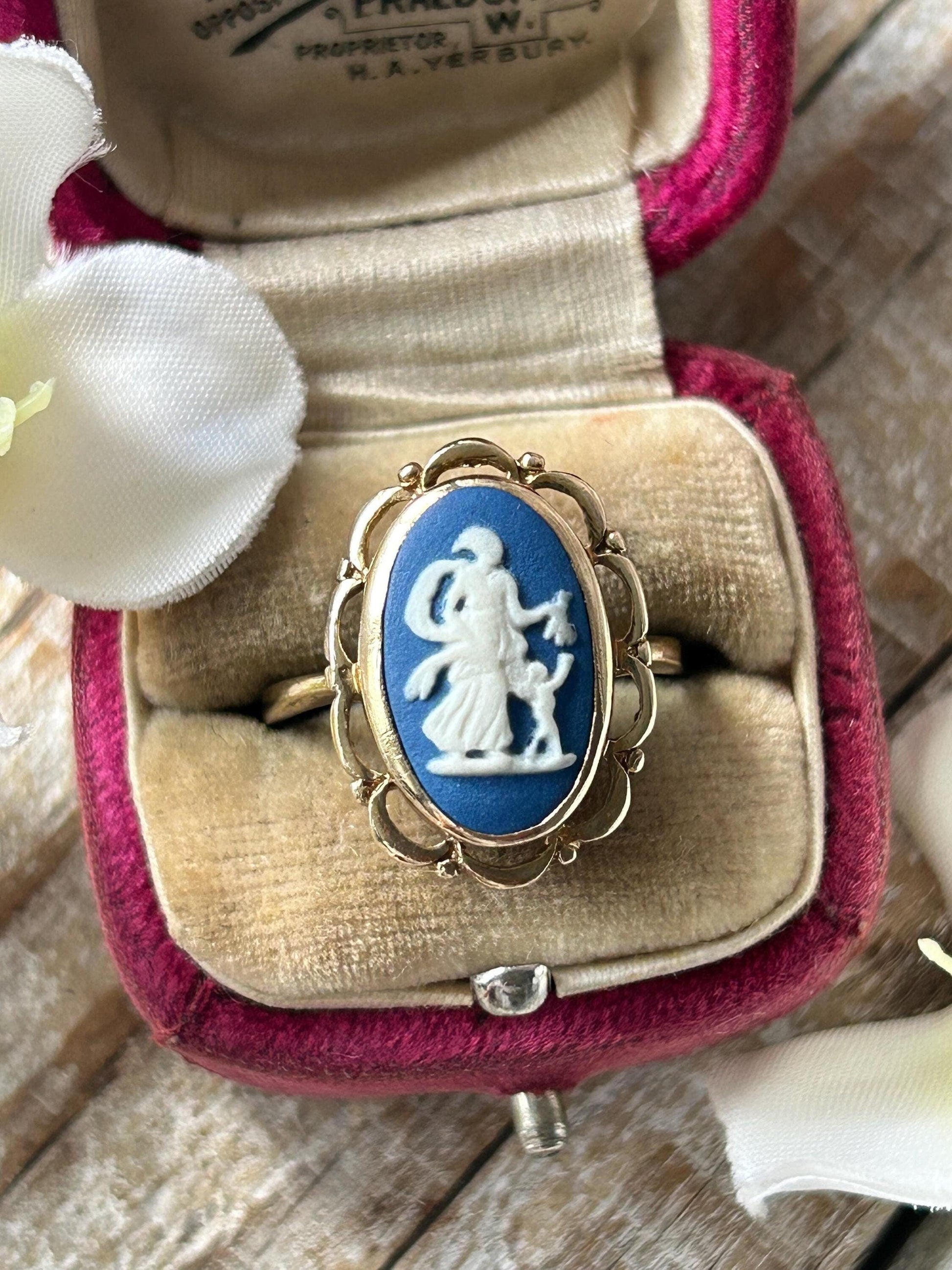 Vintage Blue Wedgwood Cameo Statement Ring 9 Carat Yellow Gold