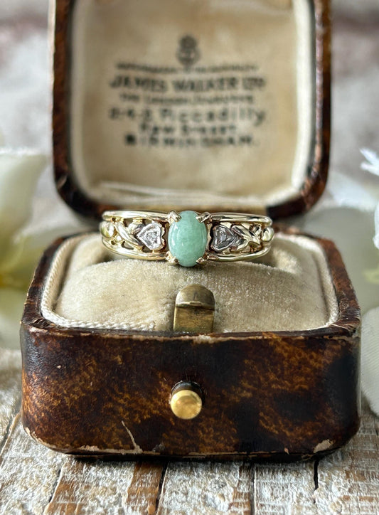 Vintage Jade and Diamond Heart Ring 9 Carat Yellow Gold