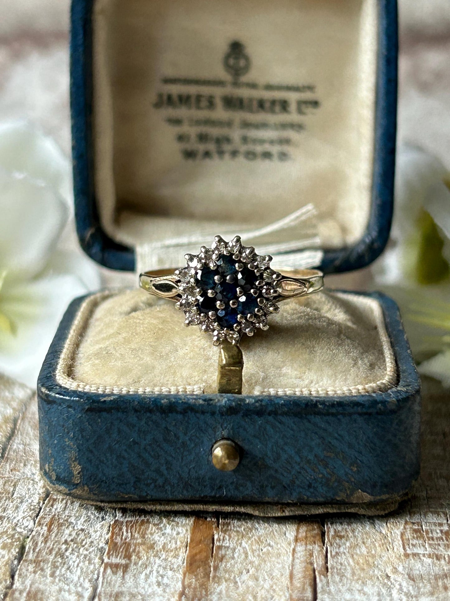 Vintage Sapphire and Diamond Cluster Ring 9 Carat Yellow Gold 1985