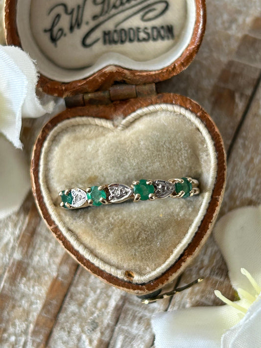 Vintage Emerald and Diamond Half Eternity Ring 9 Carat Yellow Gold 1991