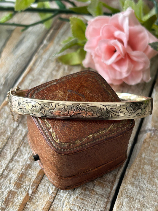 Vintage Floral Engraved Hinged Bangle 9 Carat Gold On Metal Core