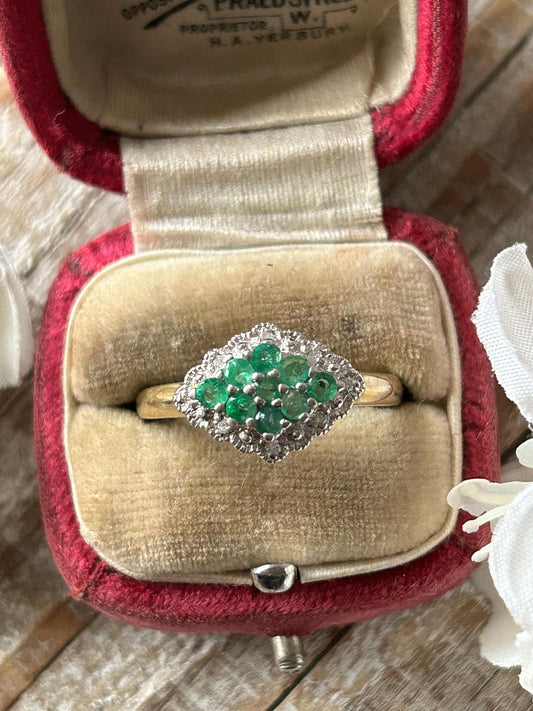 Vintage Emerald and Diamond Cluster Ring 9 Carat Yellow Gold