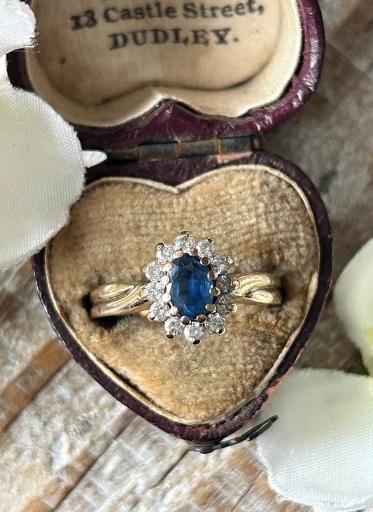 Vintage Sapphire and Diamond Halo Ring 9 Carat Yellow Gold