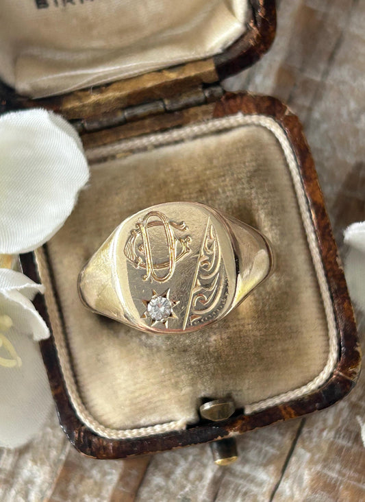 Vintage Oval Signet Ring Monogram DC or CD 9 Carat Yellow Gold 1987