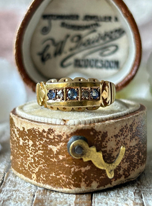 Antique Edwardian Sapphire and Diamond Gypsy Ring 18 Carat Yellow Gold 1903