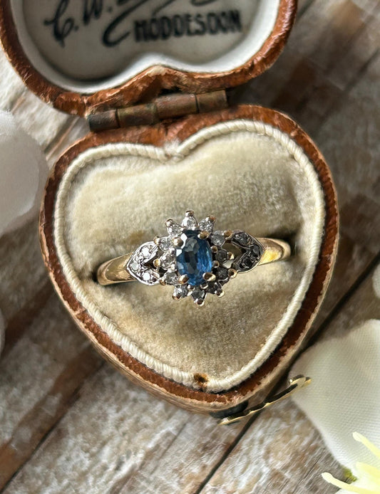 Vintage Blue Sapphire and Diamond Halo Ring 9 Carat Yellow Gold