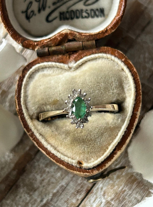 Vintage Emerald and Diamond Halo Ring 9 Carat Yellow Gold 1997