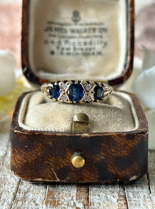 Vintage Sapphire and Diamond Gypsy Ring 9 Carat Yellow Gold 1987