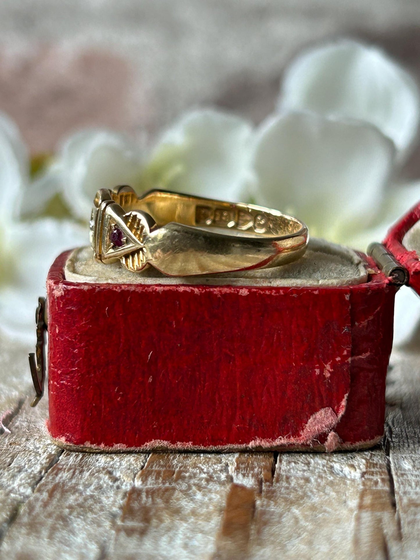 Antique Victorian Ruby and Diamond Gypsy Ring 18 Carat Yellow Gold 1898