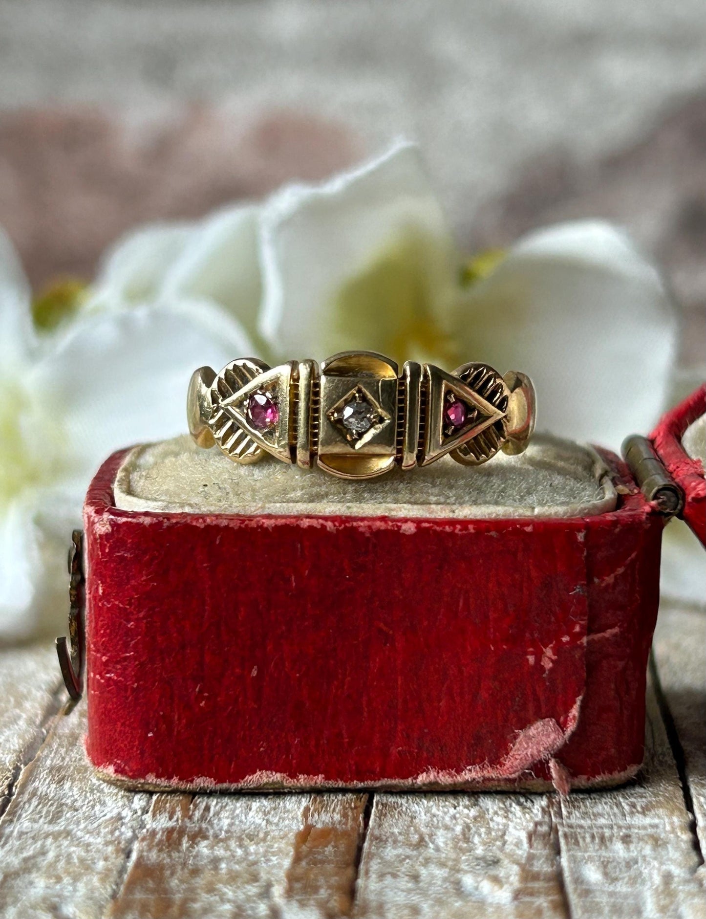 Antique Victorian Ruby and Diamond Gypsy Ring 18 Carat Yellow Gold 1898