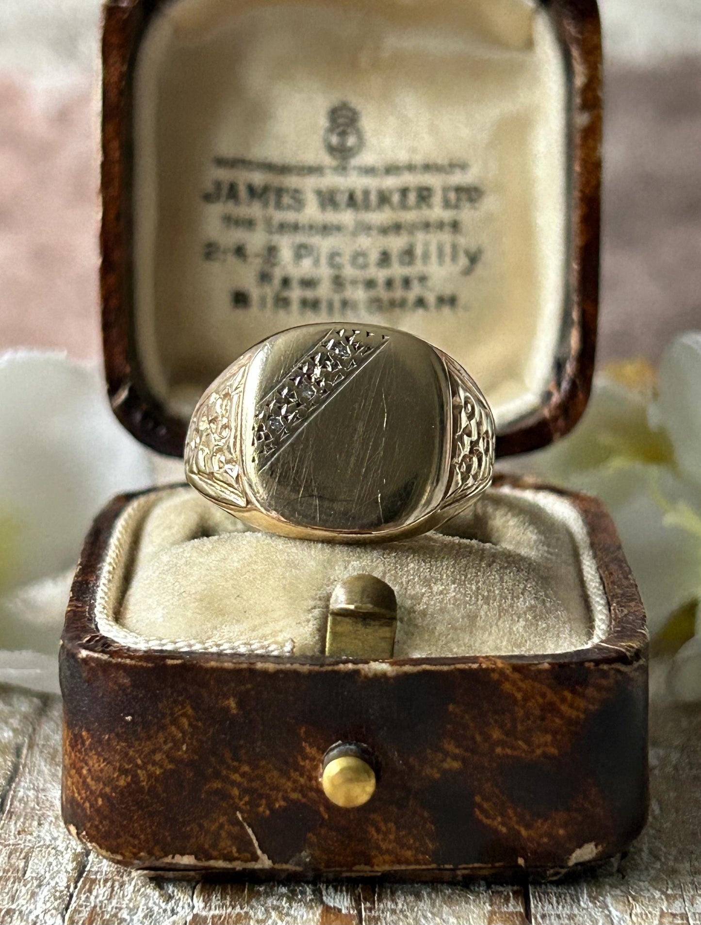 Vintage Floral Diamond Signet Ring 9 Carat Yellow Gold 1987