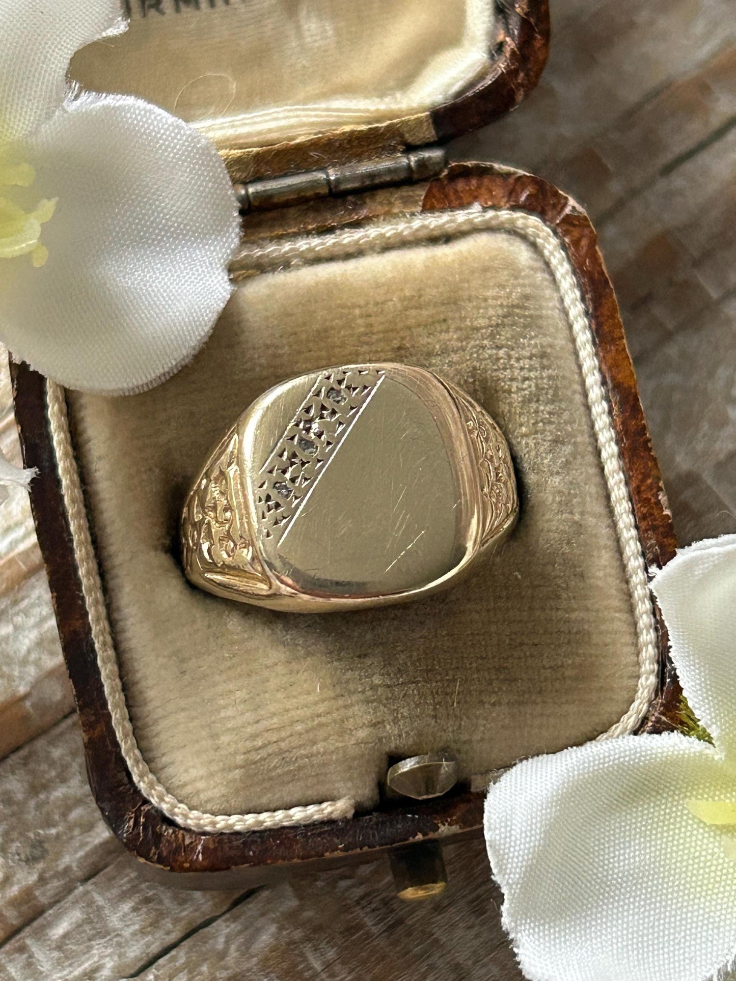 Vintage Floral Diamond Signet Ring 9 Carat Yellow Gold 1987