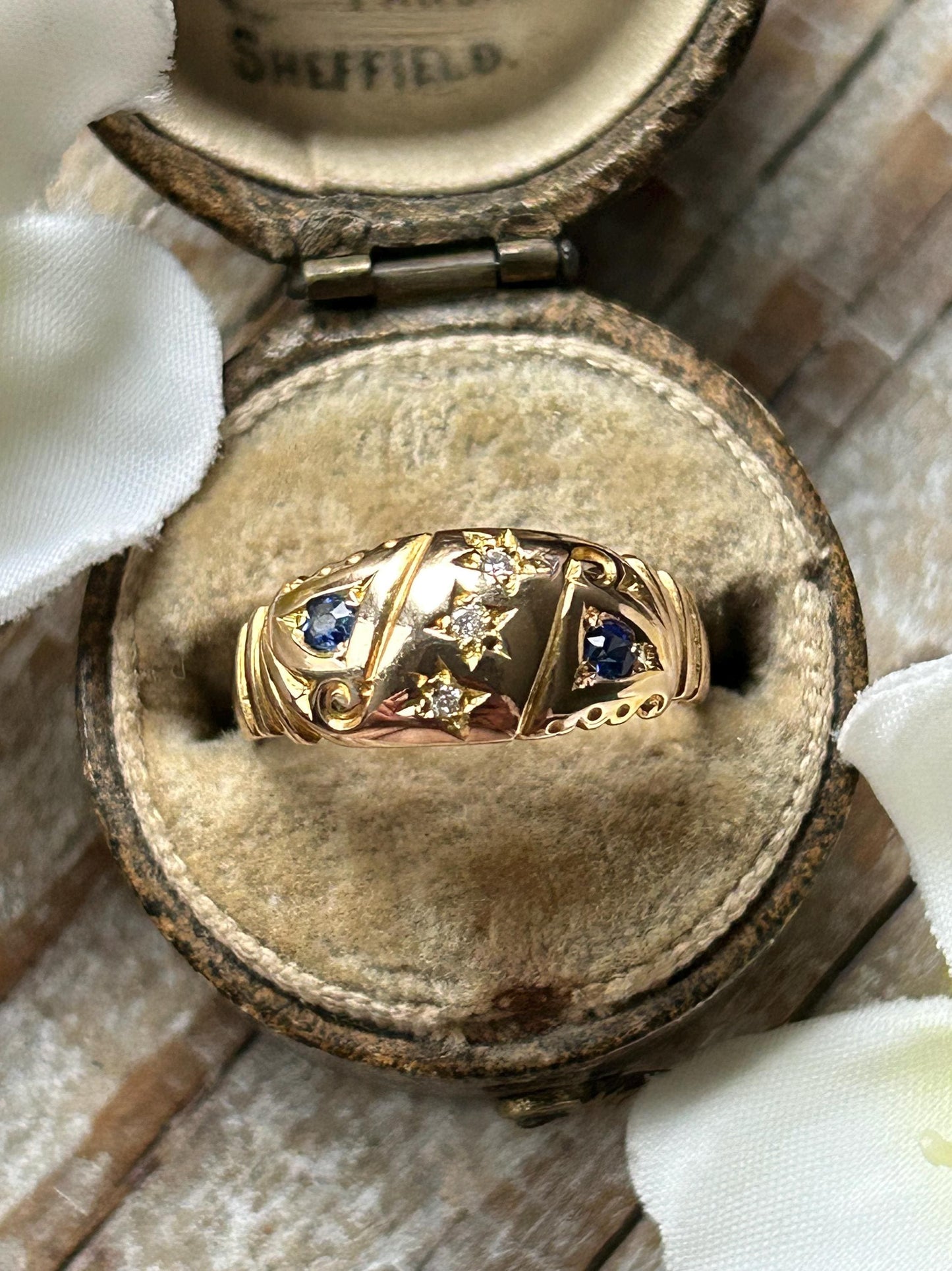 Antique Edwardian Sapphire and Diamond Star Gypsy Ring 18 Carat Yellow Gold 1902