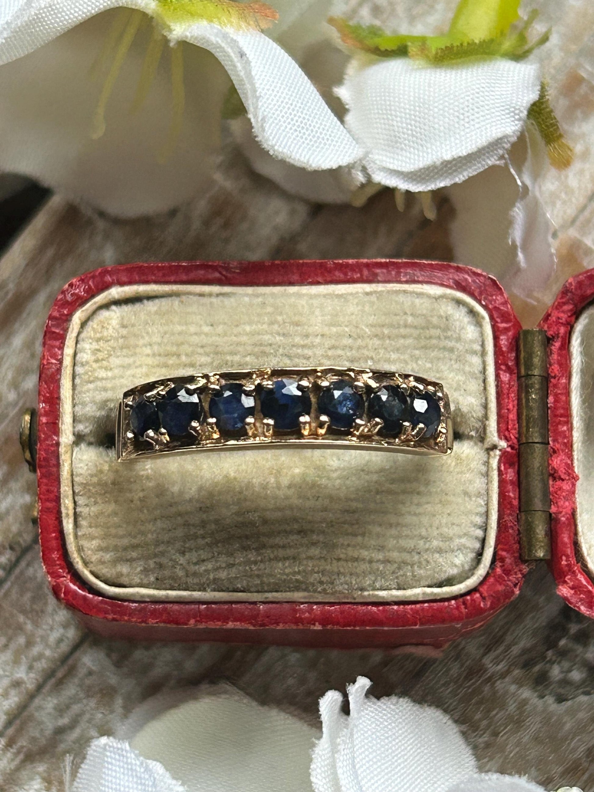 Vintage Sapphire Half Eternity Ring 9 Carat Yellow Gold 1979