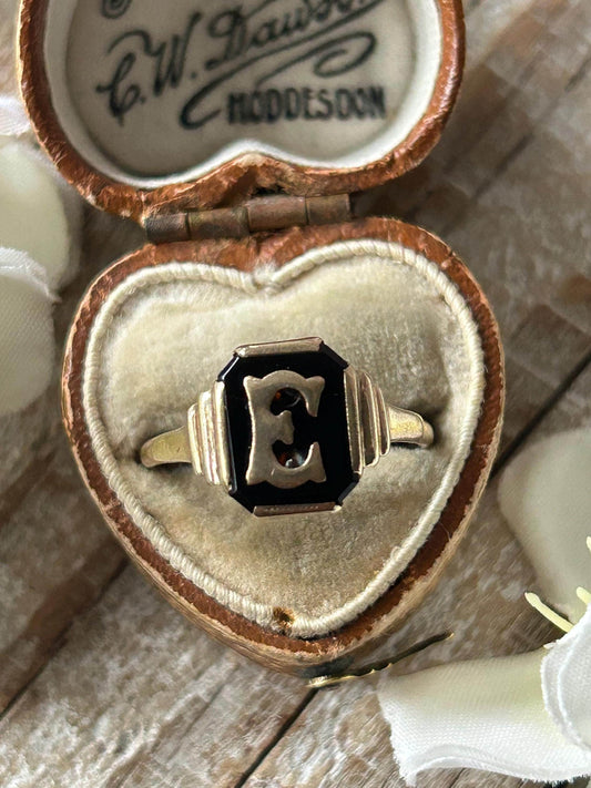 Antique Art Deco Onyx Initial E Signet Ring 9 Carat Yellow Gold