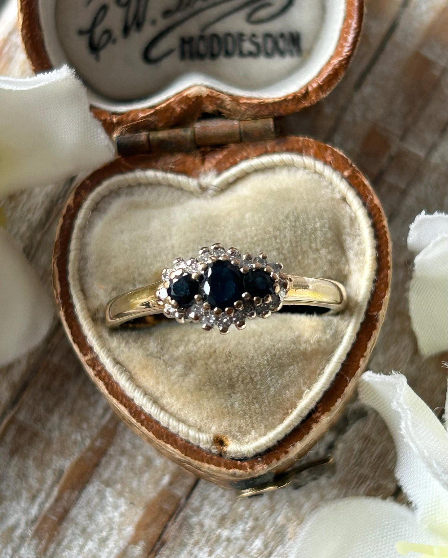 Vintage Sapphire and Diamond Halo Cluster Ring 9 Carat Yellow Gold 1996