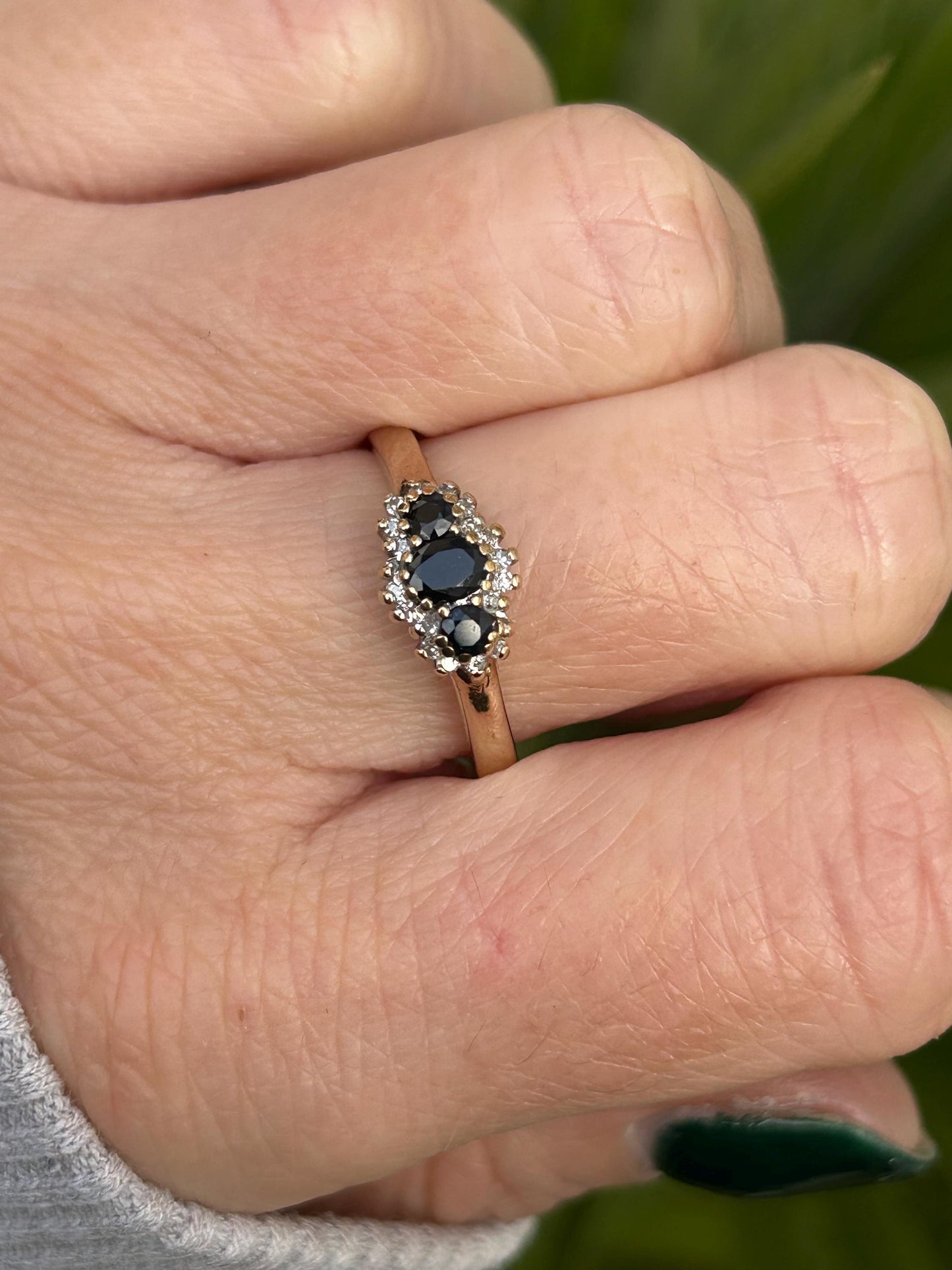 Vintage Sapphire and Diamond Halo Cluster Ring 9 Carat Yellow Gold 1996