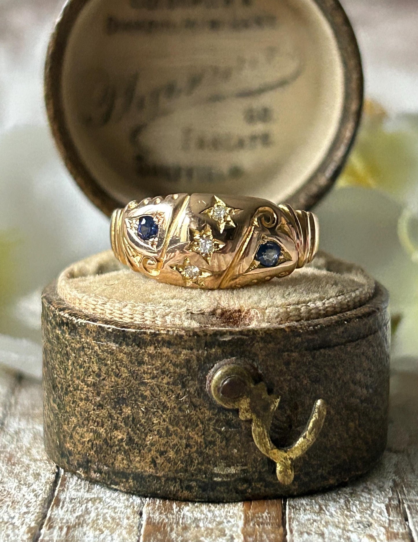 Antique Edwardian Sapphire and Diamond Star Gypsy Ring 18 Carat Yellow Gold 1902