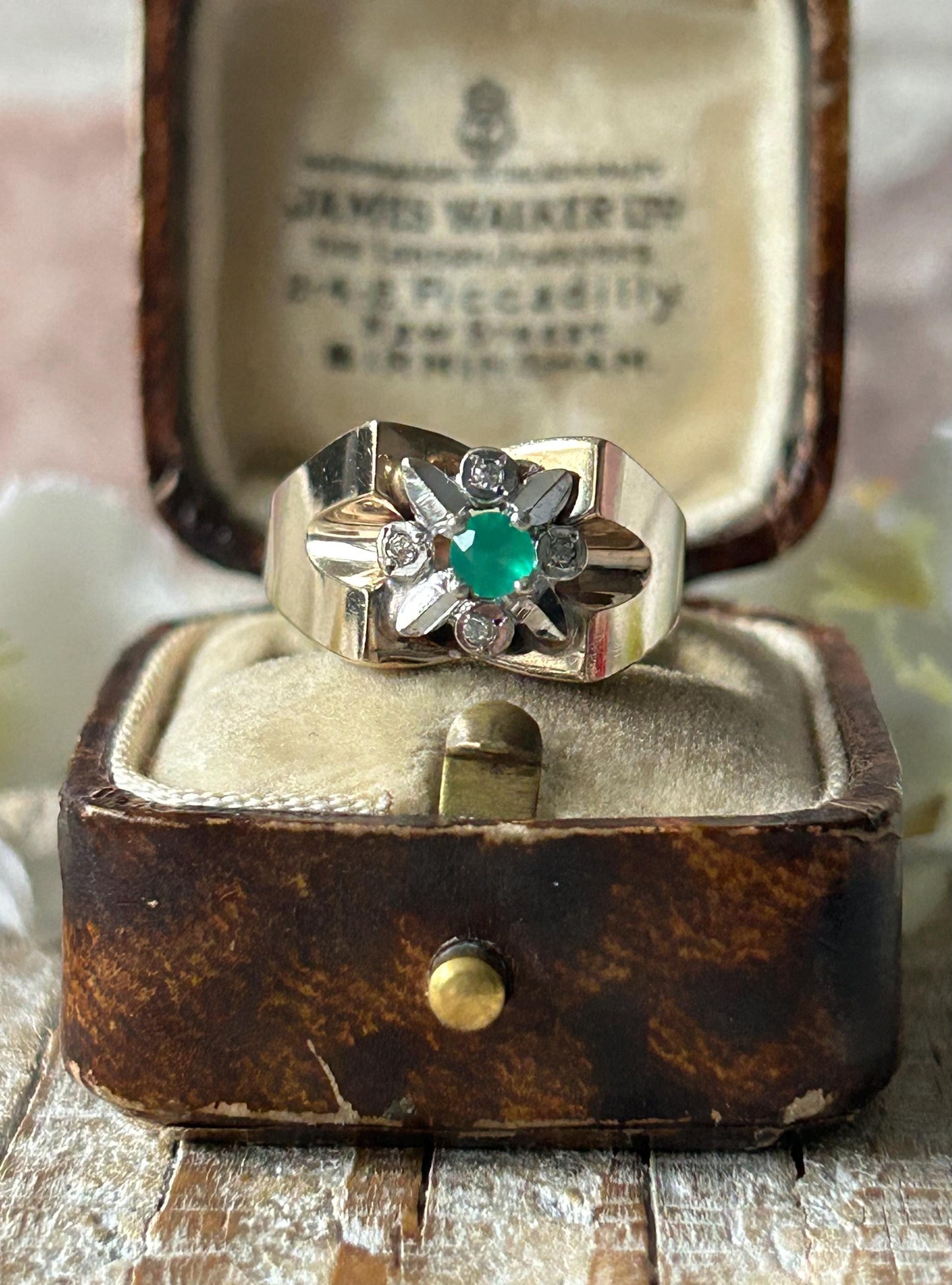 Vintage Chrysoprase and Diamond Daisy Statement Ring 9 Carat Yellow Gold 1973