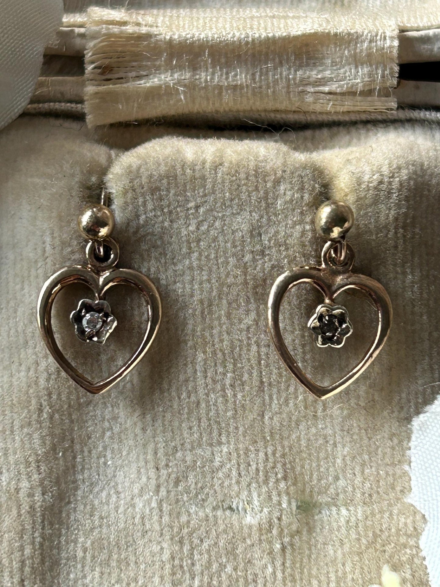 Vintage Diamond Heart Dangle Earrings 9 Carat Yellow Gold 1978