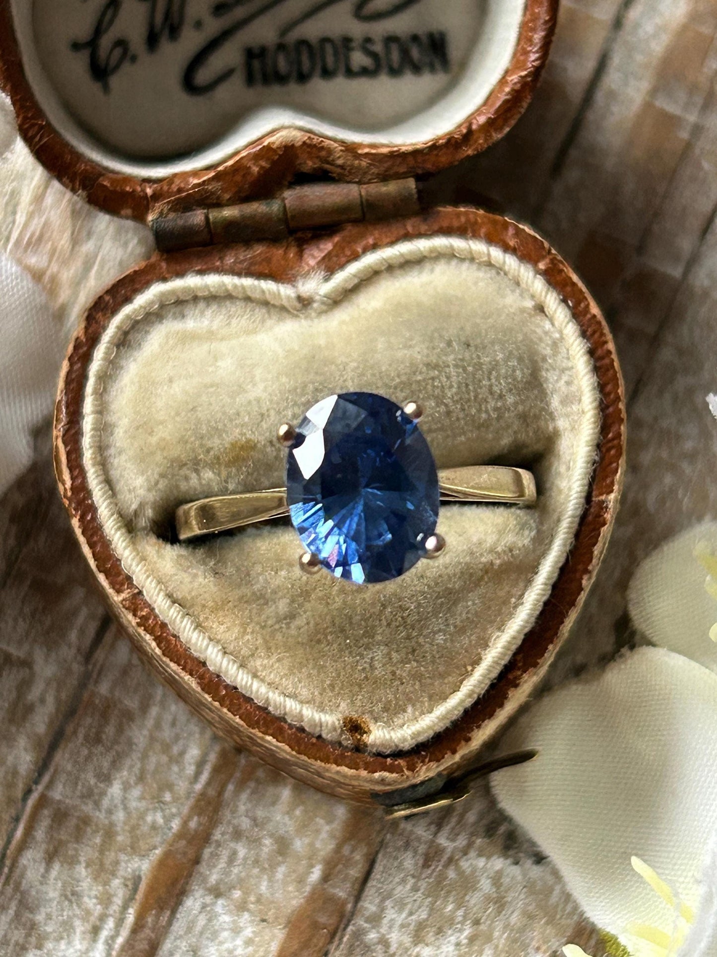 Vintage Oval Blue Cubic Zirconia Solitaire Ring 9 Carat Yellow Gold