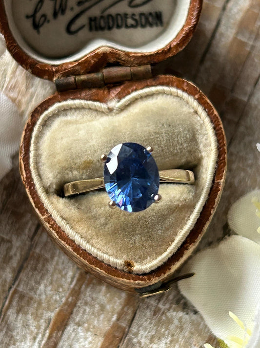 Vintage Oval Blue Cubic Zirconia Solitaire Ring 9 Carat Yellow Gold