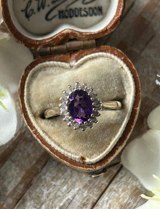 Vintage Amethyst and Diamond Halo Ring 9 Carat Yellow Gold