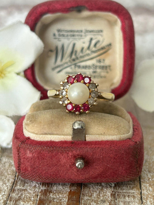 Vintage Pearl Ruby and White Sapphire Halo Ring 9 Carat Yellow Gold 1972