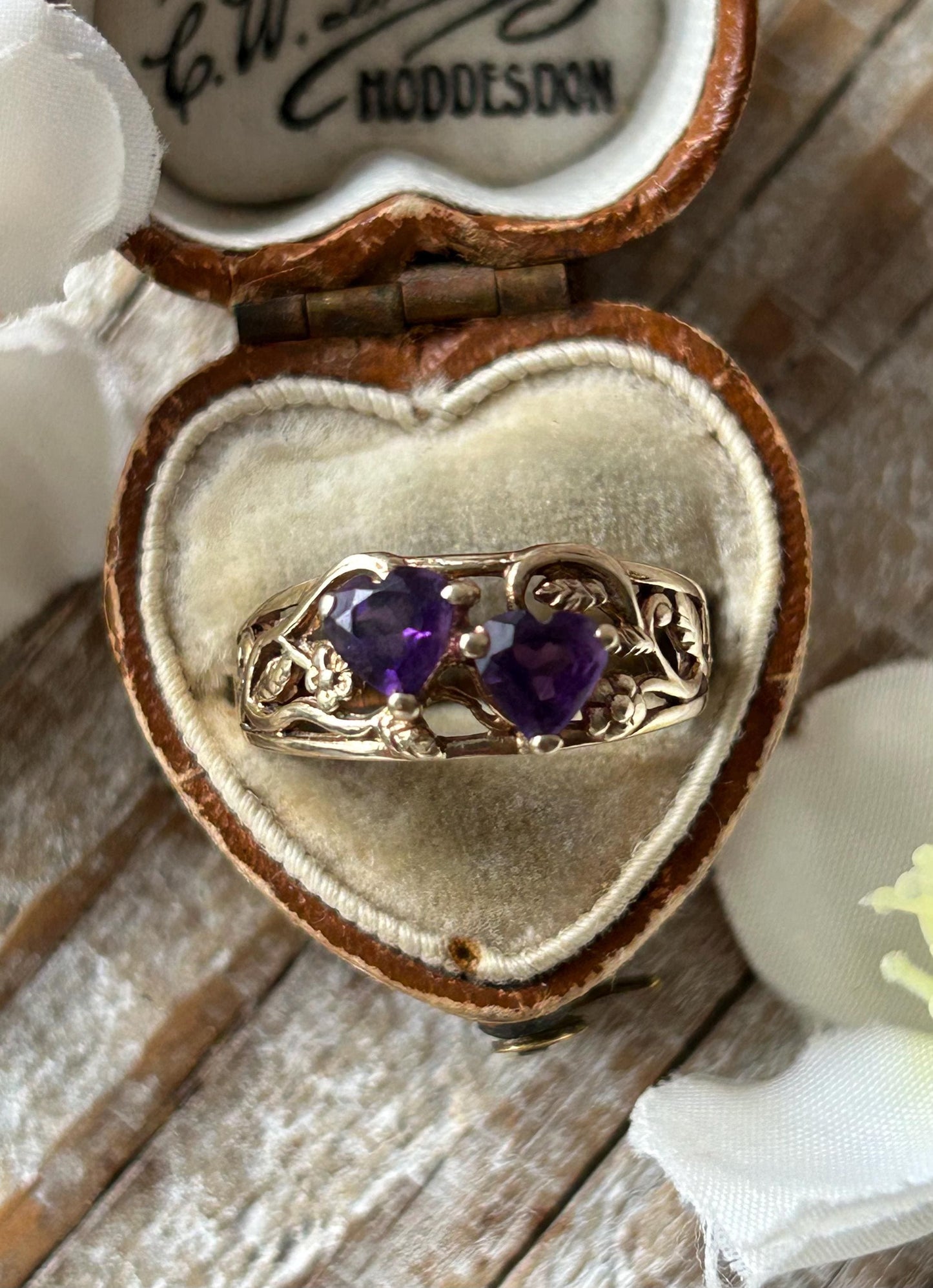 Vintage Double Amethyst Heart Statement Ring 9 Carat Yellow Gold 1997