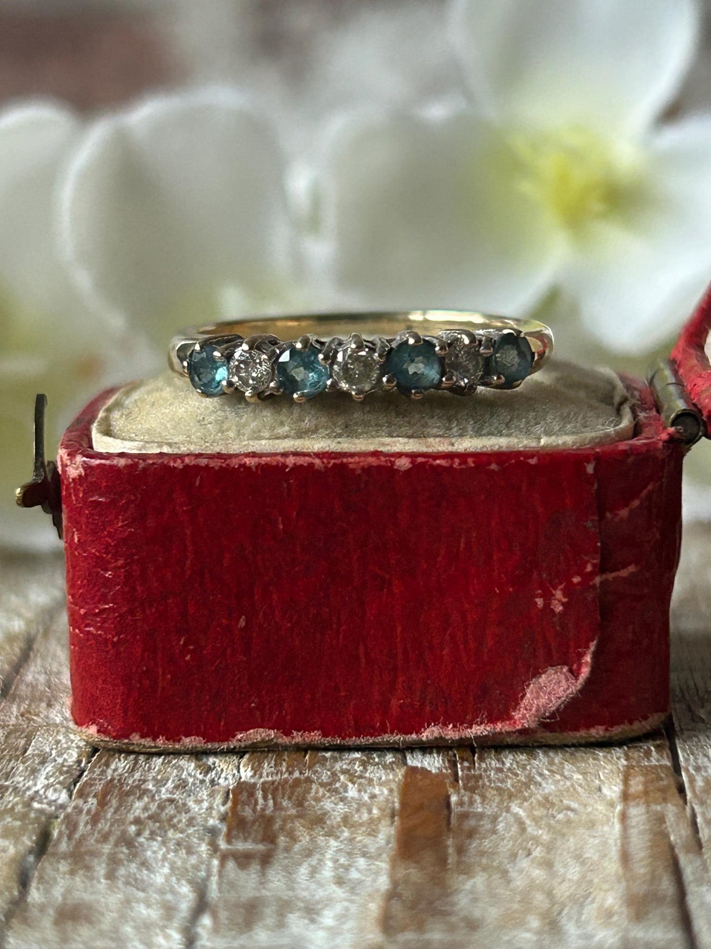 Vintage Sky Blue Topaz and Diamond Band Ring 9 Carat Yellow Gold