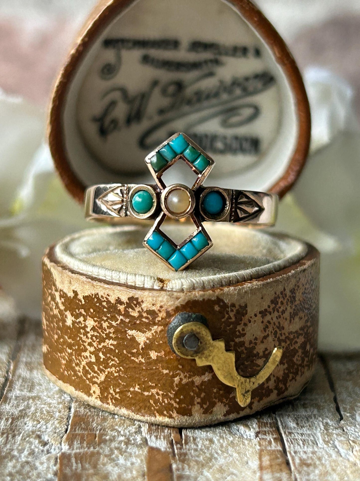 Antique Edwardian Turquoise and Seed Pearl Ring 14 Carat Yellow Gold