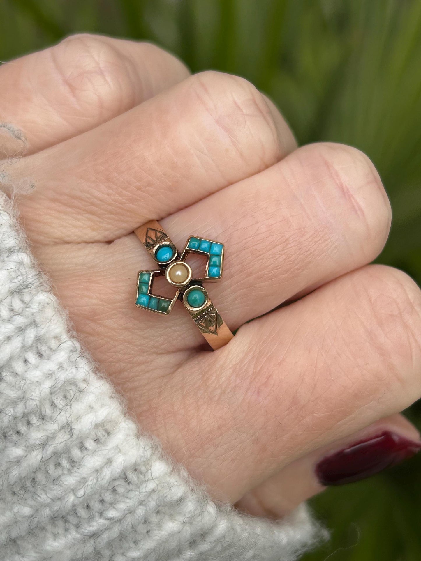 Antique Edwardian Turquoise and Seed Pearl Ring 14 Carat Yellow Gold