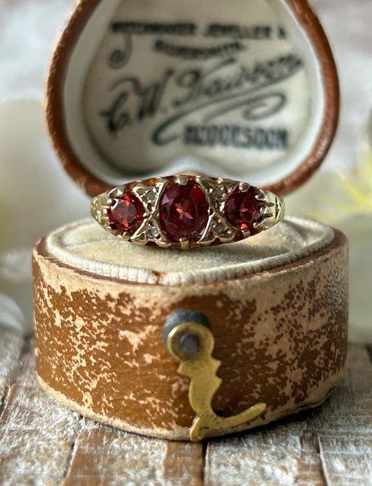 Vintage Garnet and Diamond Gypsy Ring 9 Carat Yellow Gold 1994