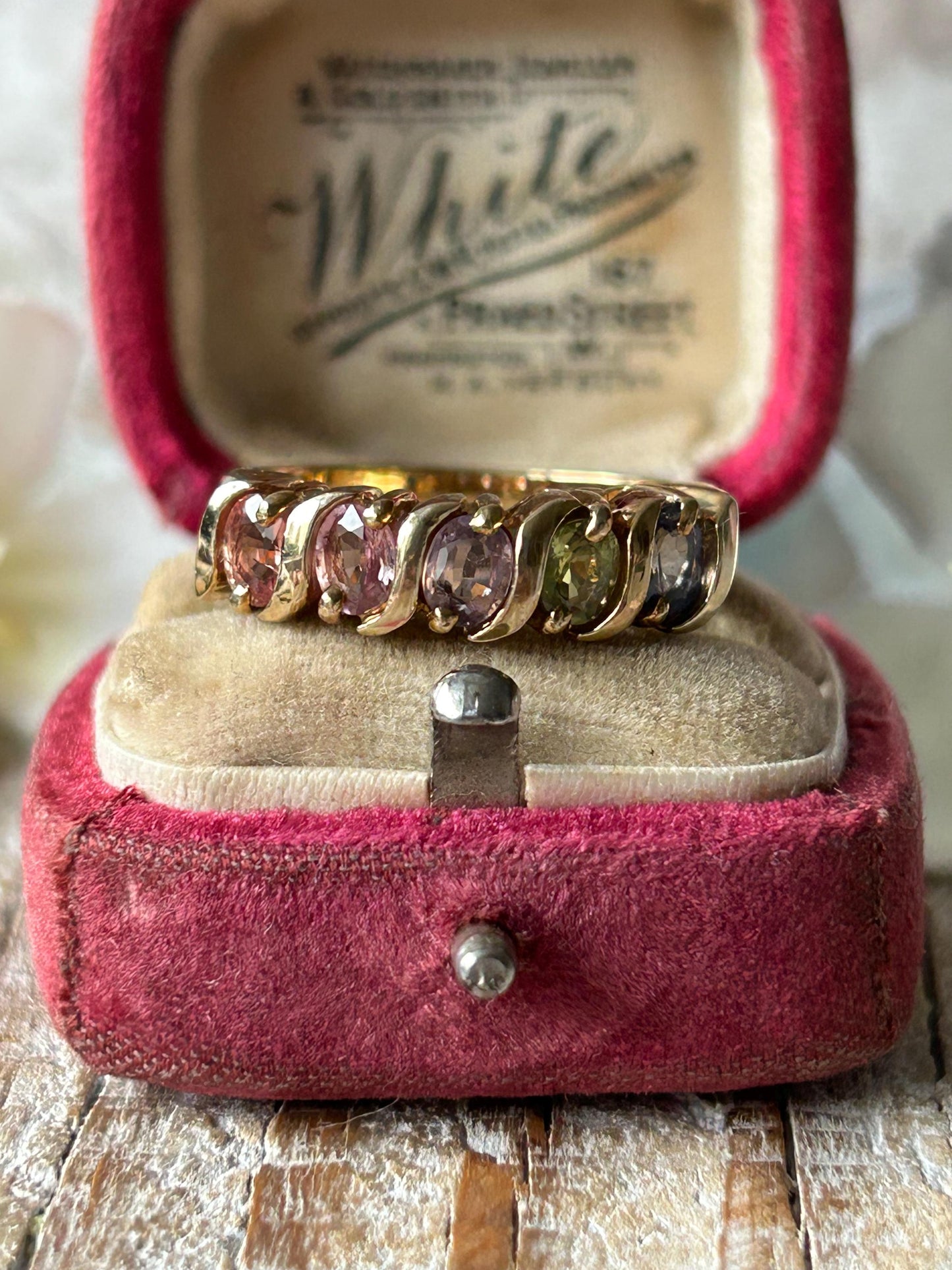 Vintage Multi Colour Sapphire Band Ring 9 Carat Yellow Gold 2005