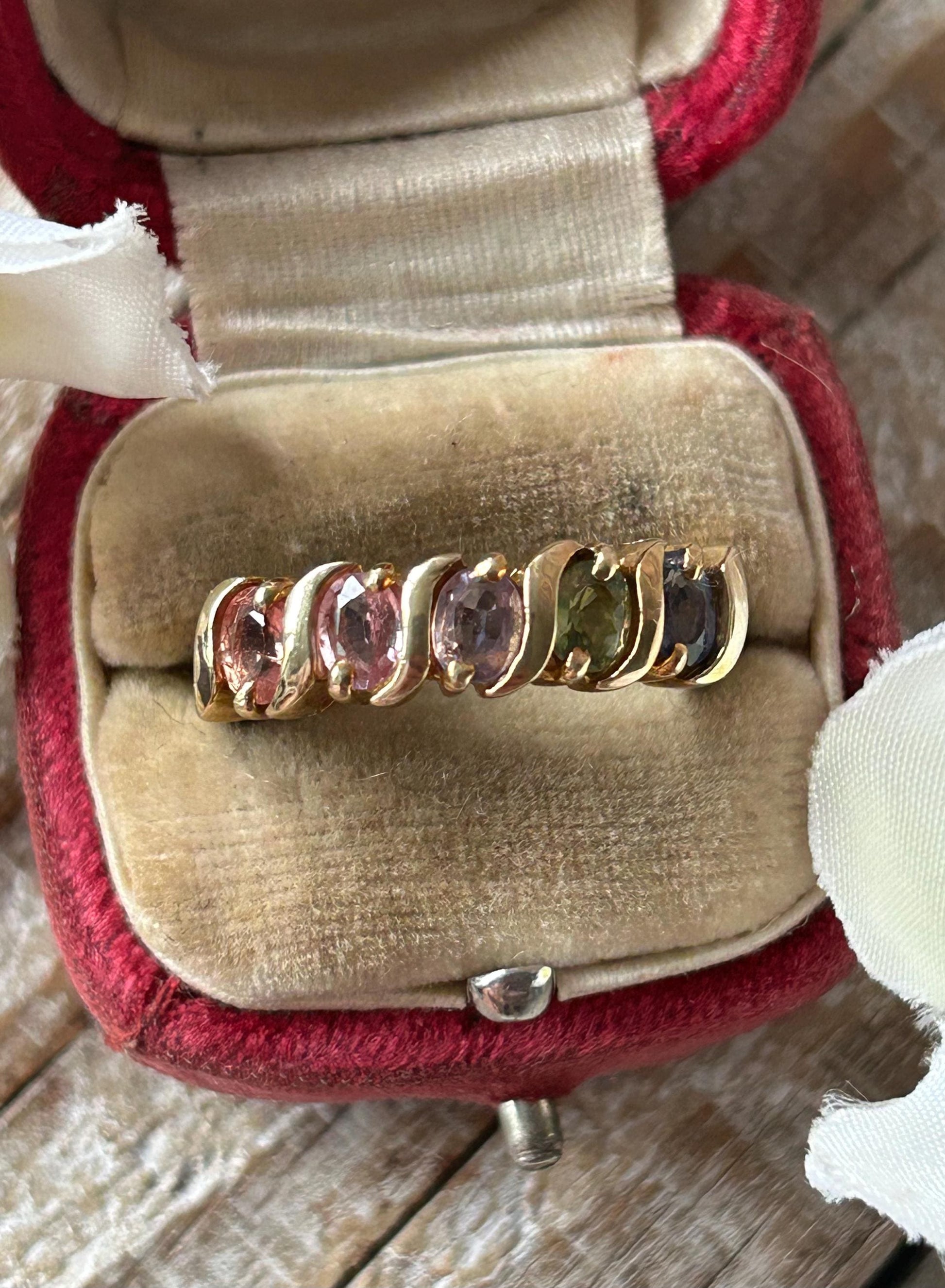 Vintage Multi Colour Sapphire Band Ring 9 Carat Yellow Gold 2005