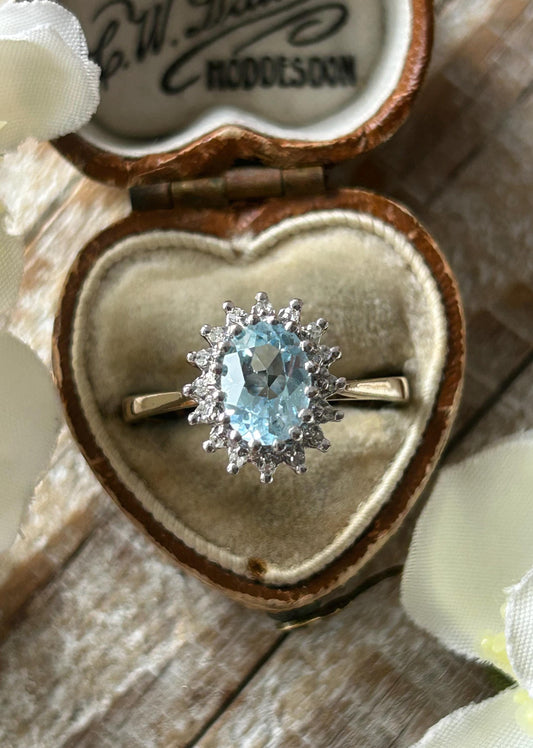 Vintage Aqua Blue Topaz and Diamond Halo Ring 9 Carat Yellow Gold