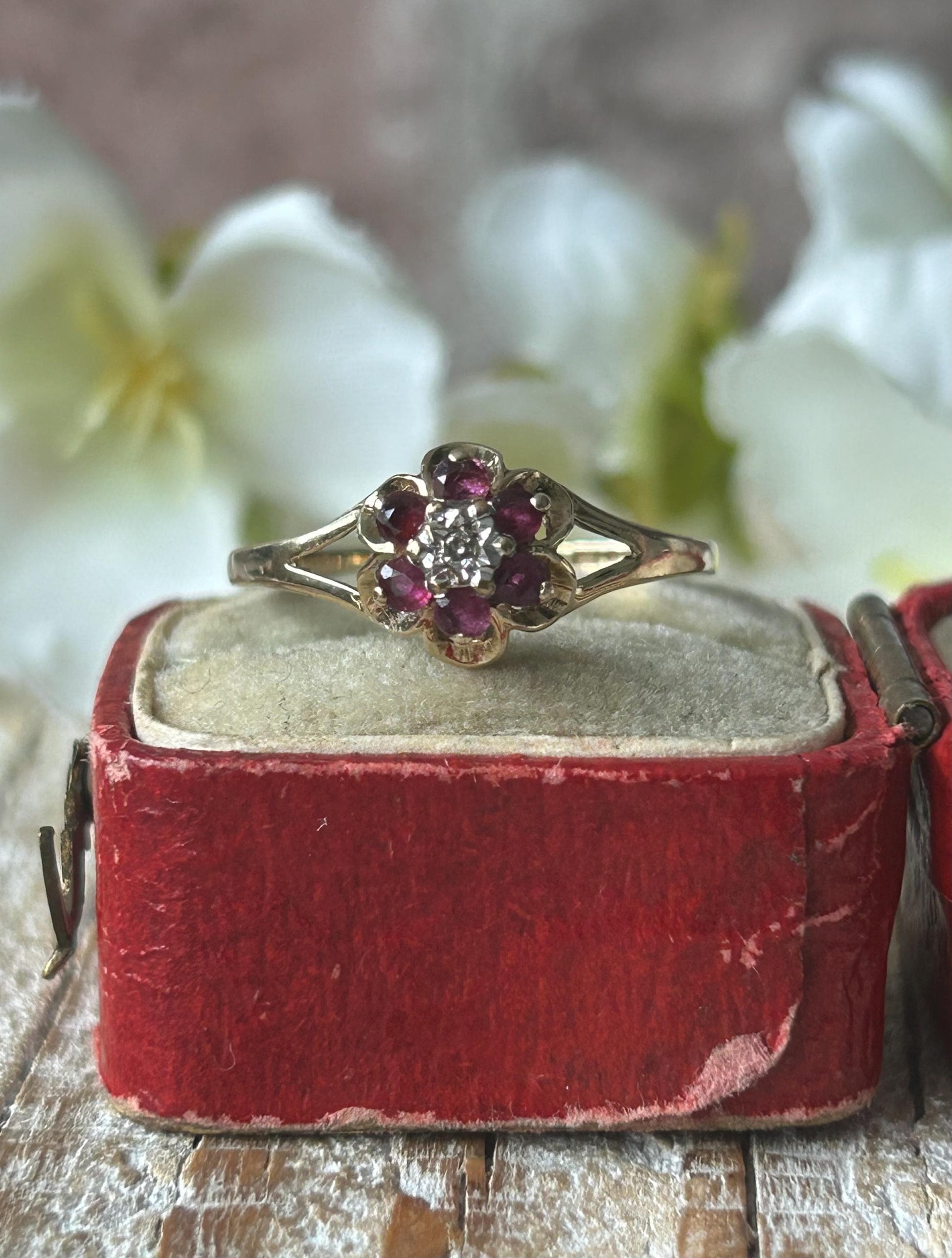 Vintage Ruby and Diamond Daisy Ring 9 Carat Yellow Gold 1983