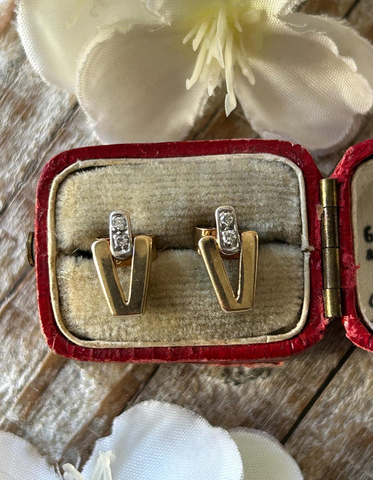 Vintage V Shaped Diamond Stud Earrings 9 Carat Yellow Gold