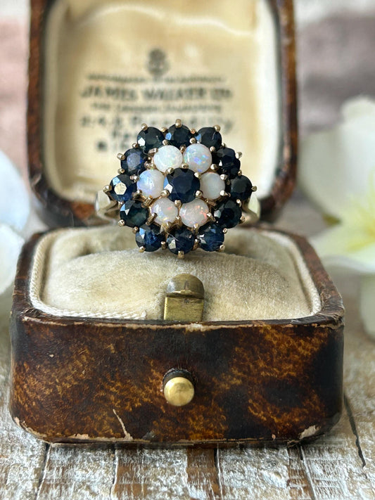 Vintage Sapphire and Opal Cocktail Ring 9 Carat Gold 1977