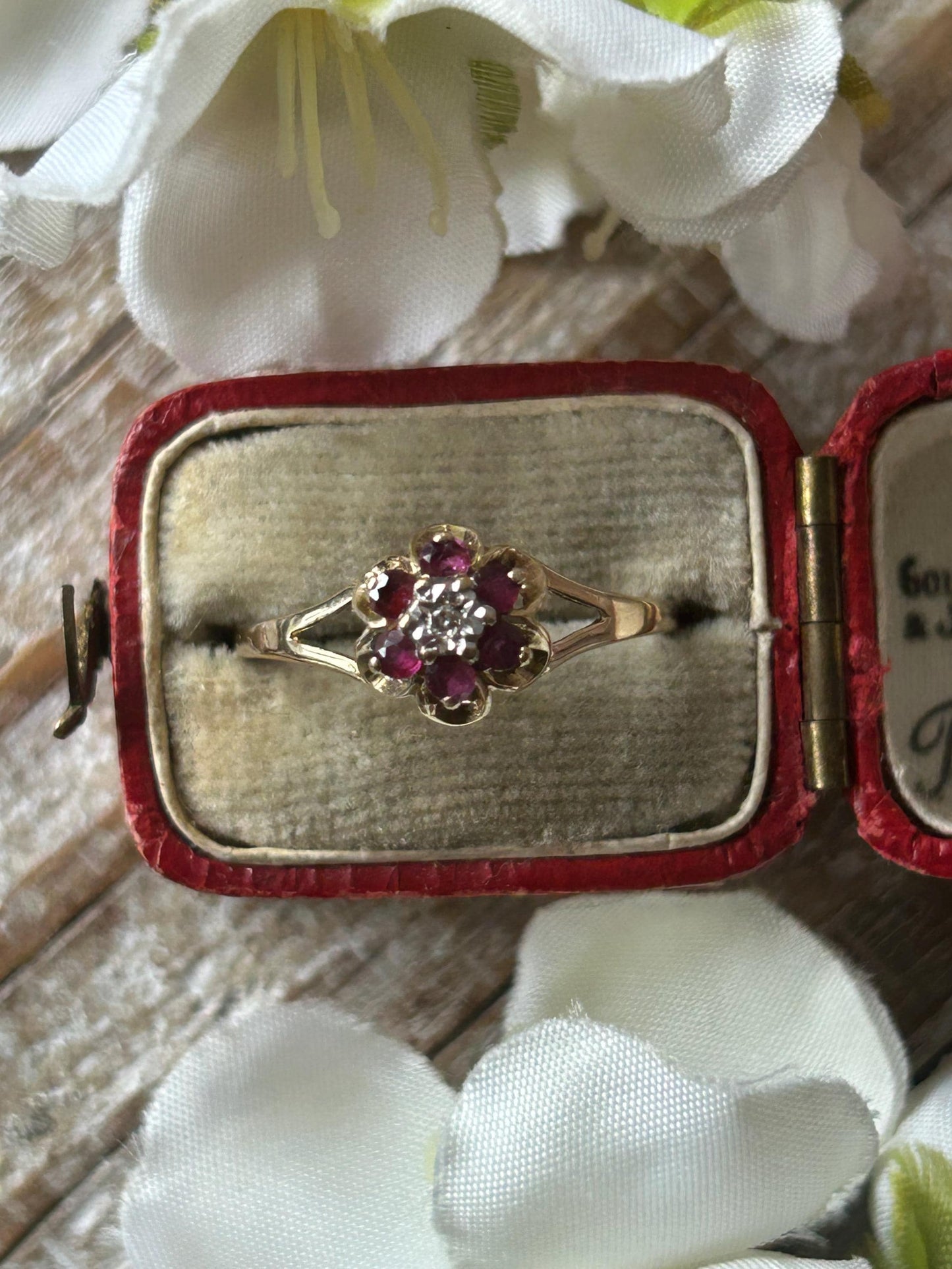 Vintage Ruby and Diamond Daisy Ring 9 Carat Yellow Gold 1983