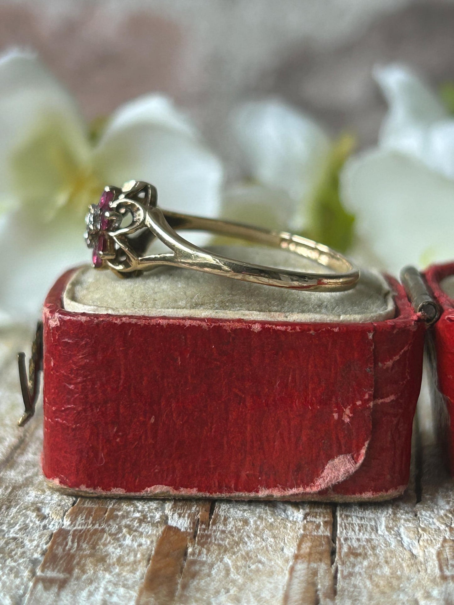 Vintage Ruby and Diamond Daisy Ring 9 Carat Yellow Gold 1983