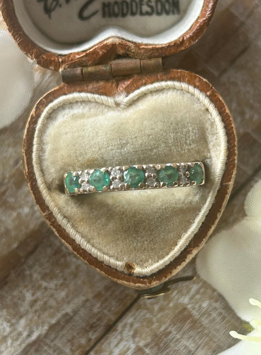 Vintage Emerald and Diamond Eternity Ring 9 Carat Yellow Gold