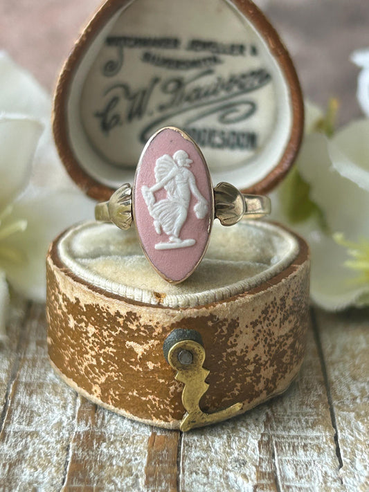 Antique Pink Wedgwood Cameo Ring 9 Carat Yellow Gold