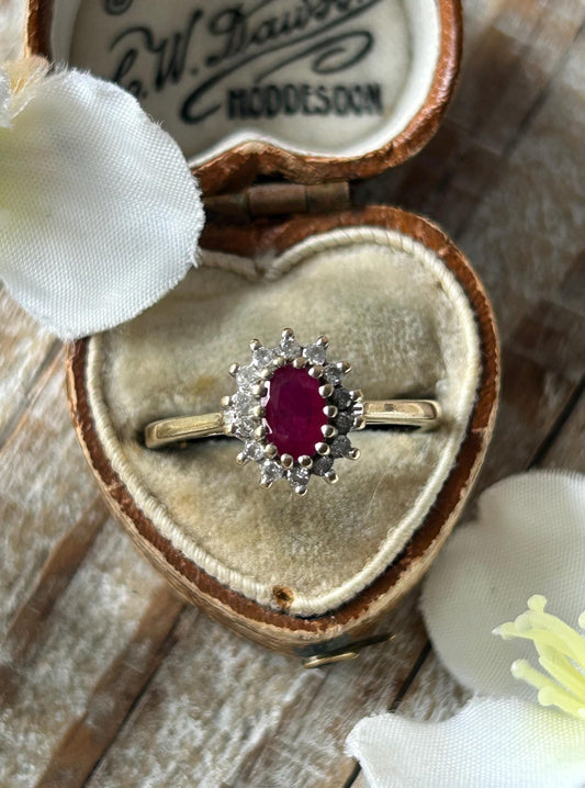 Vintage Ruby and Diamond Halo Ring 9 Carat Yellow Gold