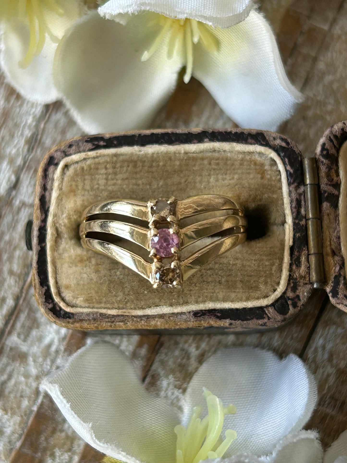 Vintage Pink Sapphire and Diamond Wishbone Ring 9 Carat Yellow Gold 2004