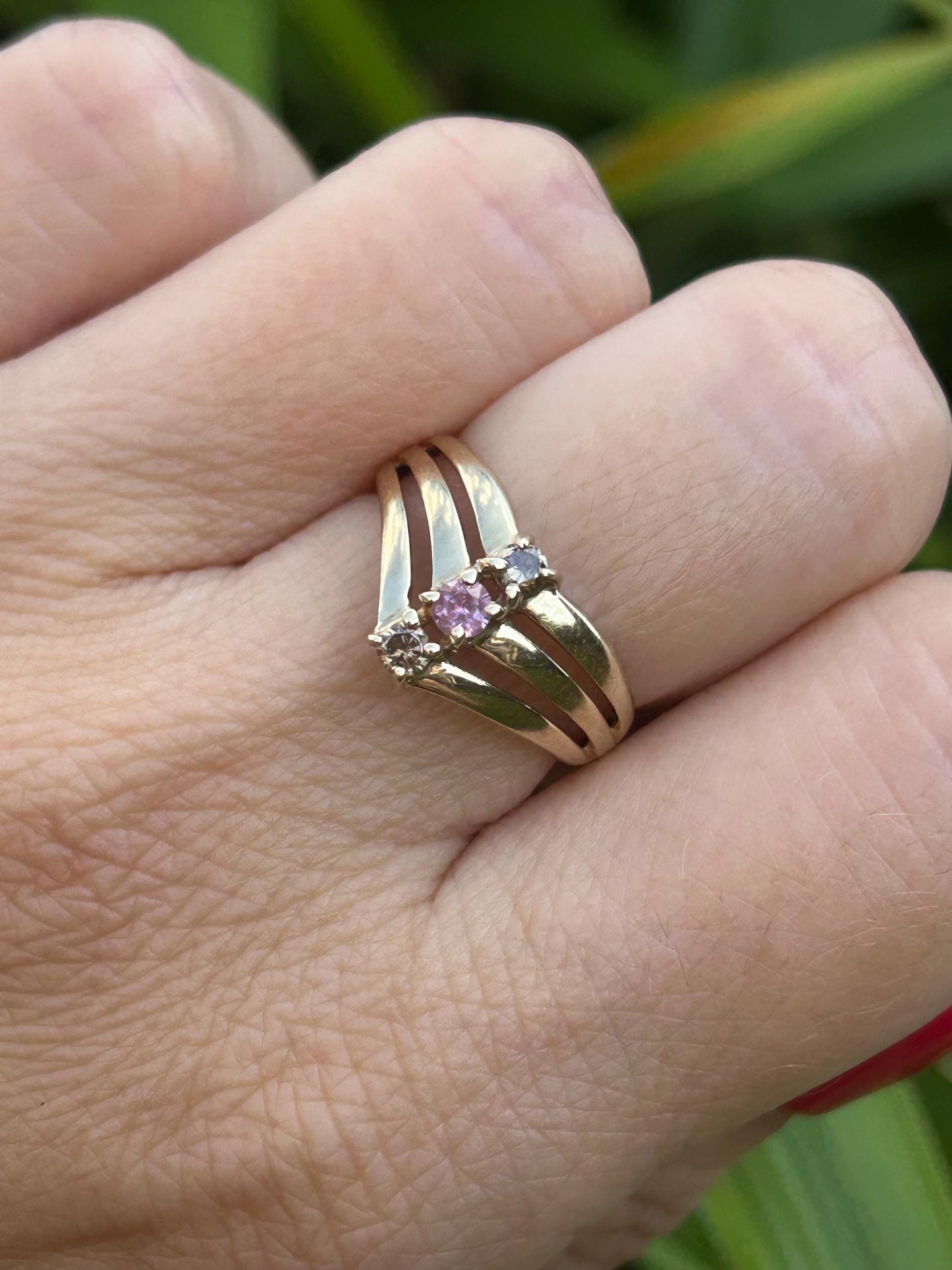 Vintage Pink Sapphire and Diamond Wishbone Ring 9 Carat Yellow Gold 2004
