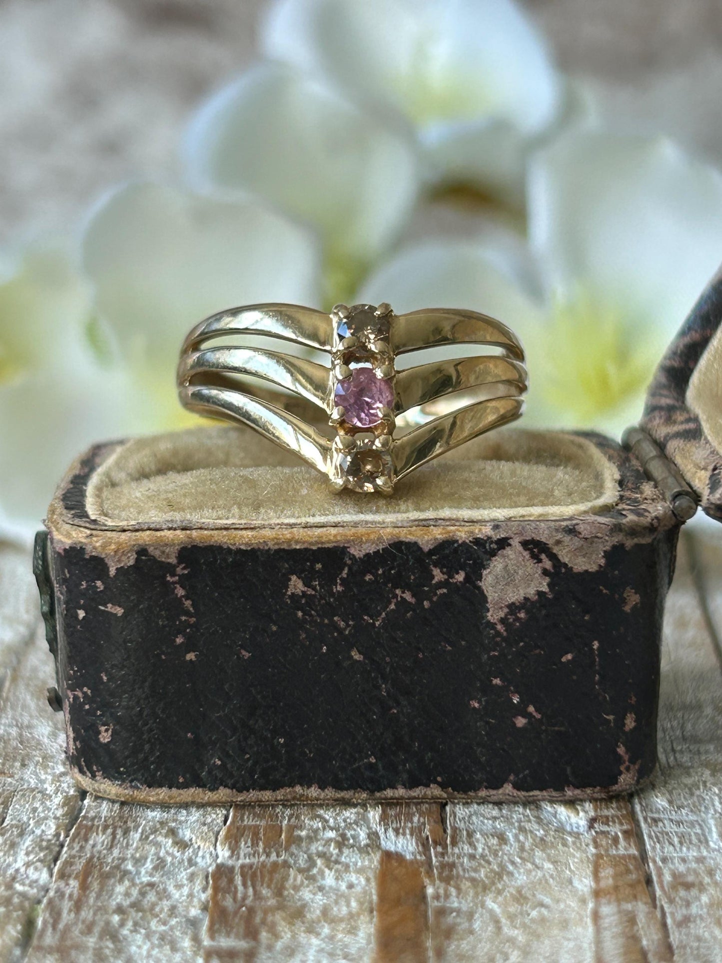 Vintage Pink Sapphire and Diamond Wishbone Ring 9 Carat Yellow Gold 2004